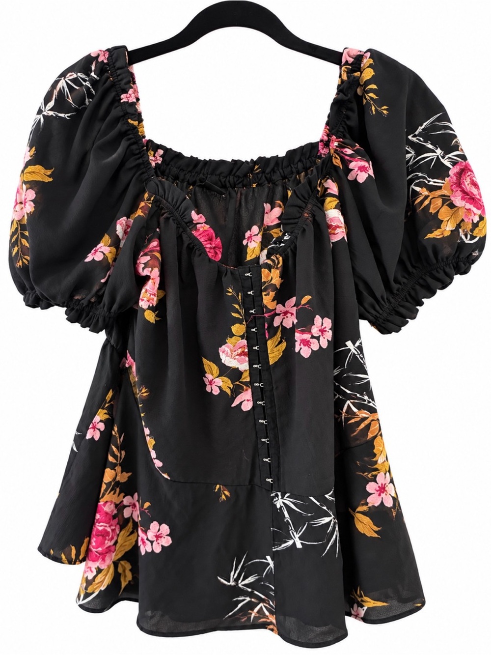 Women's Black Floral Puff Sleeve Top
